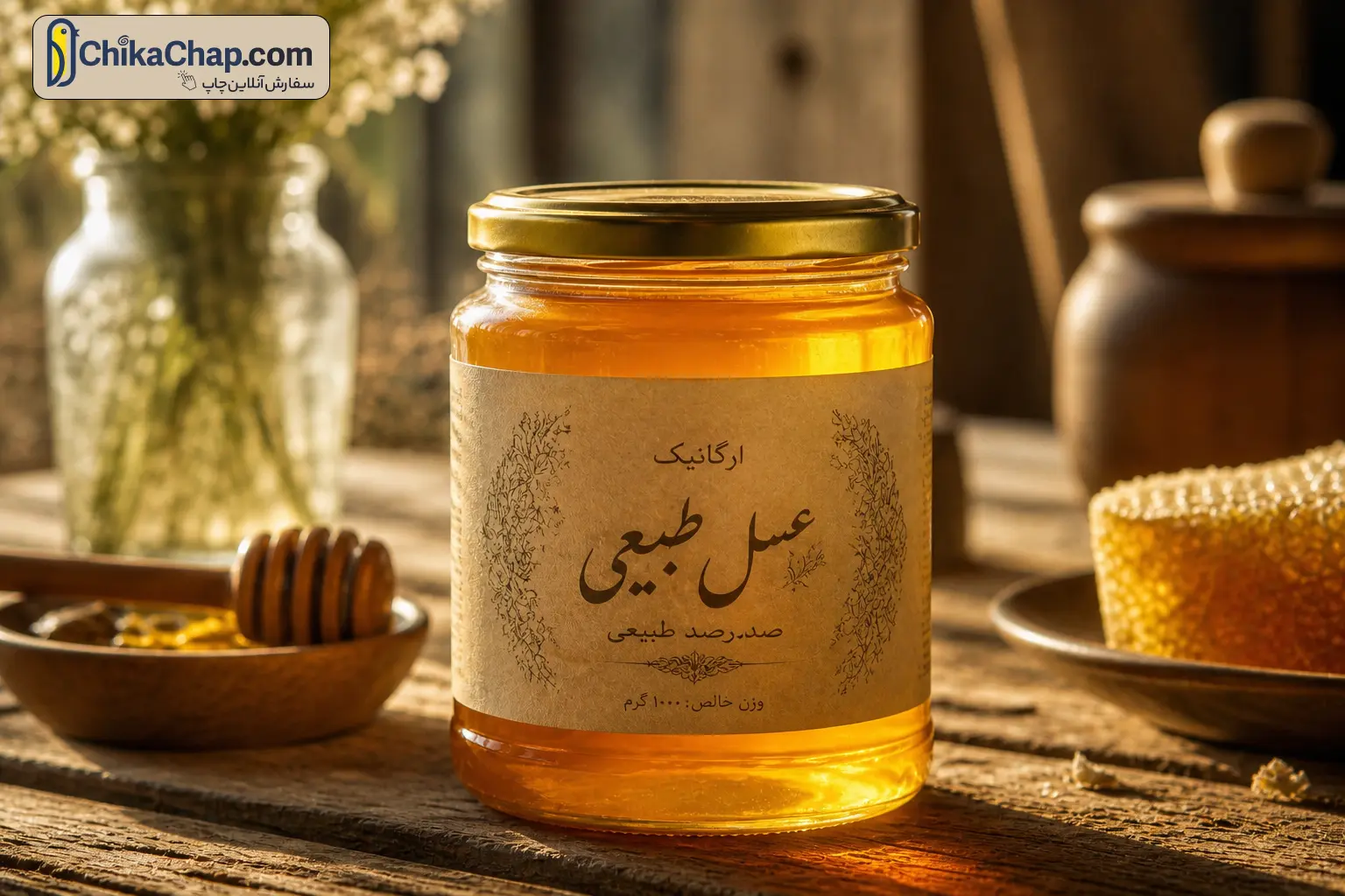 چاپ لیبل کاغذی مات با طراحی اختصاصی چیکاچاپ برای ظروف عسل طبیعی و محصولات ارگانیک